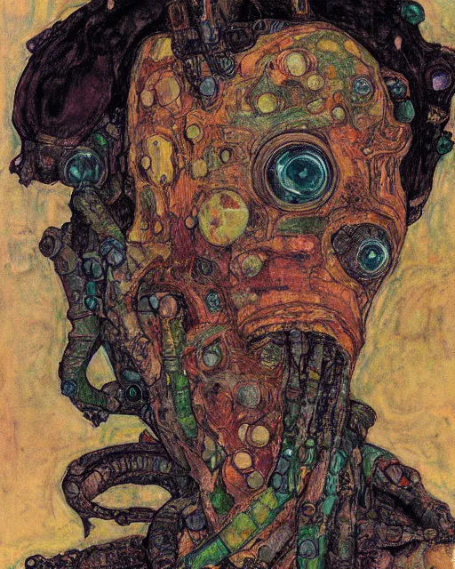 Image similar to portrait of cyberpunk cthulhu by egon schiele in the style of greg rutkowski