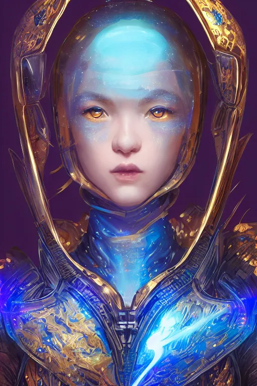 Prompt: a Portrait of a space dragon, third person, D&D, sci-fi fantasy, intricate, blue and gold, highly detailed , art by Range Murata, rim lighting, highly detailed, 3d, octane render, bright colors, digital painting, trending on artstation, sharp focus, illustration style of Stanley Artgerm,