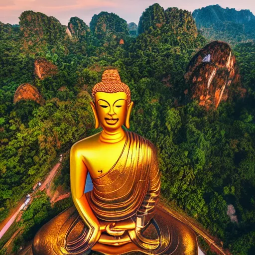 Prompt: massive buddha statue, thailand drone photography, beautiful colors, perfect lighting, extremely detailed