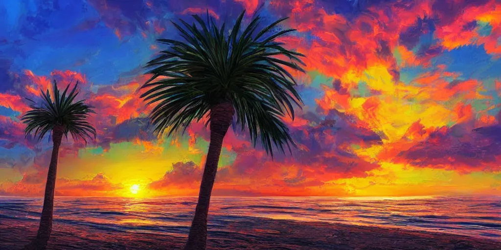 Image similar to sunset over the shoreline of tel aviv. colorful. highly detailed. palm trees. 8 k. artstation trending. concept art. digital painting