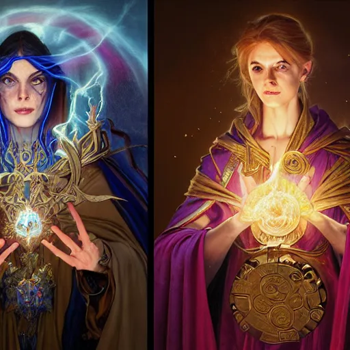 Image similar to painting of powerful stylish sorcerer and a cleric banishing the darkness and its abominations with a rainbow spell, ultra realistic, concept art, intricate details, eerie, highly detailed, photorealistic, octane render, 8 k, unreal engine. art by artgerm and greg rutkowski and magali villeneuve and alphonse mucha