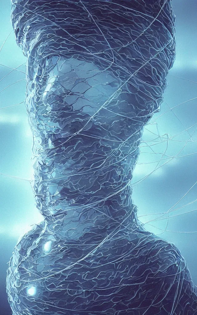 Image similar to human wrapped in a neural mesh cocoon plugged spirit machine, perfect future, award winning scifi art