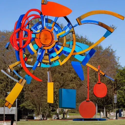 Prompt: a giant mechanical kinetic sculpture made of painted wood blocks, brass sheet, steel wire, acrylic, marbles, electric motors, chain and sprockets. mecha. by arthur ganson, by alexander calder, by claes oldenburg. outdoor photograph.