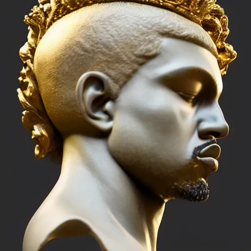 Image similar to side portrait of kanye west in the form of a greek sculpture in marble, with a gold crown, baroque elements in the background, museum. photorealistic. ultra detailed. flash. intricate artwork by miguel angel. octane render. cinematic. 4 k. bokeh.