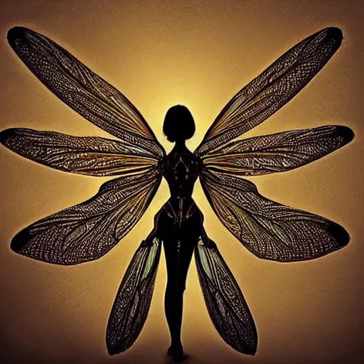 Prompt: brown woman wearing a translucent dragonfly armor. intricate. super detailed. layered. textured. award winning. dispersion of light. refracted lighting. soft. fragile.