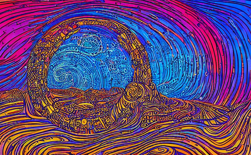 Prompt: a spiraling portal with a spiritual and mystical sound, by howard arkley and dan mumford, artstation