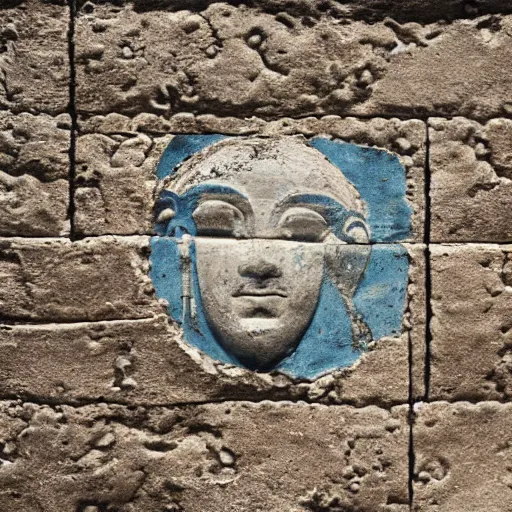 Prompt: Close up shot of a Minoan temple wall painted with the image of a European knight in full plate, cracked and faded in places, 1920s archeologically photo