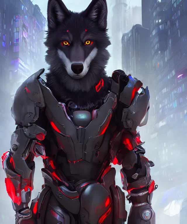 Image similar to portrait of a male anthropomorphic dark gray wolf with red hair and blue eyes in a futuristic city, hyper detailed, digital art, trending in artstation, cinematic lighting, studio quality, smooth render, unreal engine 5 rendered, octane rendered, art style by pixar dreamworks warner bros disney riot games and overwatch.