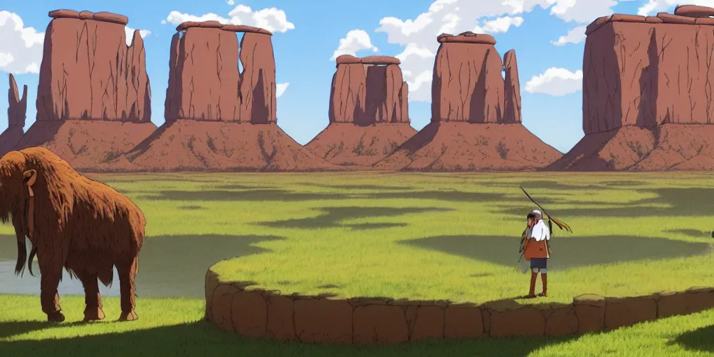 Image similar to a realistic cell - shaded studio ghibli concept art from paprika ( 2 0 0 6 ) of a giant mammoth and a grey native american warrior in a flooded monument valley stonehenge. very dull colors, wide shot, hd, 4 k, hq