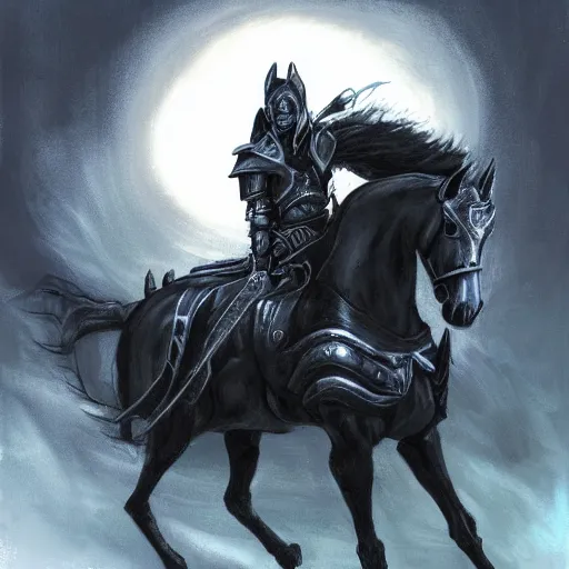 Prompt: a death knight astride a black horse.