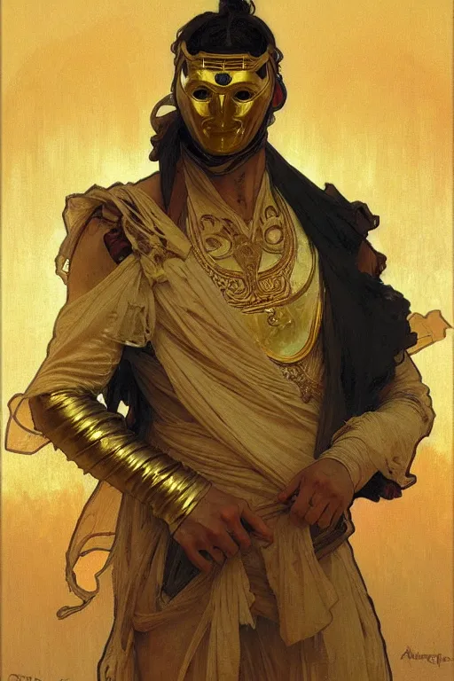 Image similar to A man wearing golden mask,painting by greg rutkowski and alphonse mucha