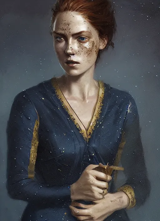 Image similar to portrait of a woman with green eyes and freckles, dressed in a navy blue gown with gold embroidered details, auburn hair, detailed face, fantasy, highly detailed, cinematic lighting, digital art painting by greg rutkowski