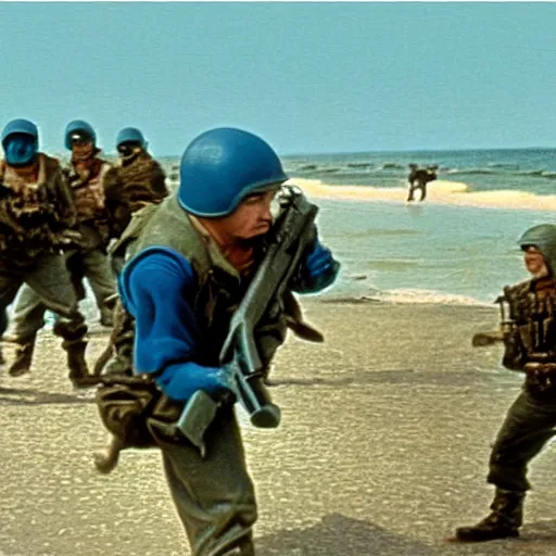 Prompt: a frame from the hollywood blockbuster film the smurfes invade normandy action scene omaha beach close up color frame