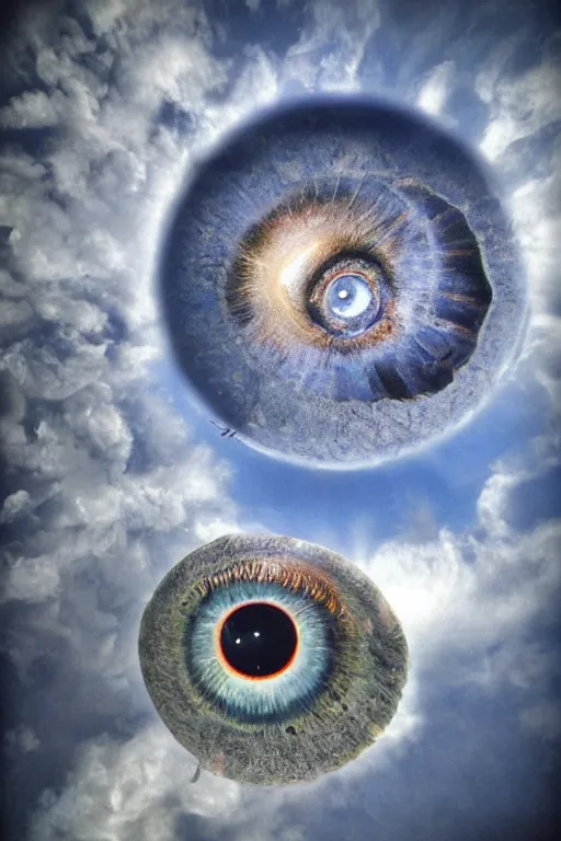 Image similar to photograph from the ground of giant eyeball!!!!! floating! in the clouds above southern california city