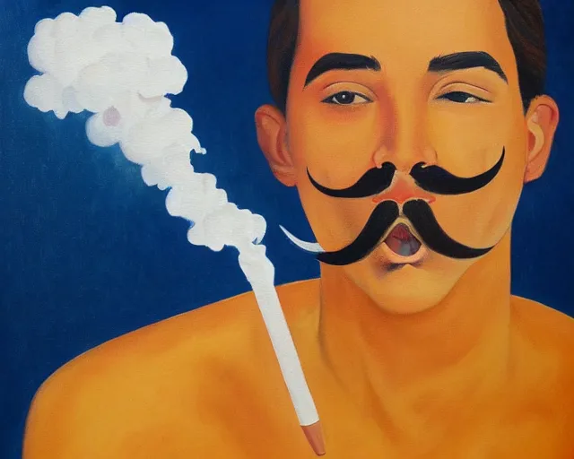 Image similar to a surreal painting of a young man with a fu manchu mustache smoking a joint