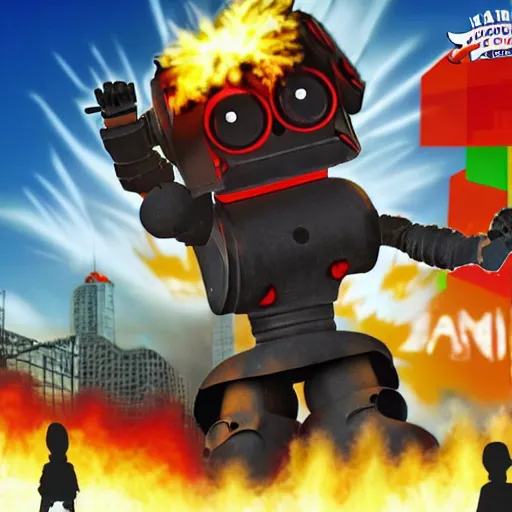 Image similar to giant toy soldier robot destroying a city explosion, panic, chaos