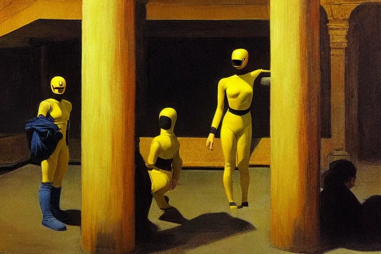 Image similar to yellow ranger, crowd screaming, an exposed picture in a roman theater is trying to be sold by an old man, in the style of beksinski, parts by edward hopper, parts by rodcenko, parts by yue minjun, intricate and epic composition, red by caravaggio, insanely quality, highly detailed, masterpiece, red light, artstation, 4 k