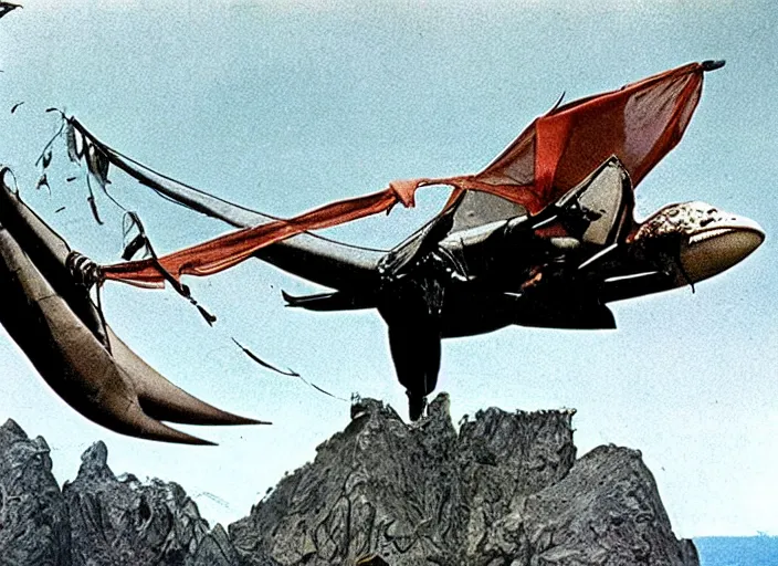 Prompt: scene from the 1971 lost world film Zeppelin Vs Pterodactyls