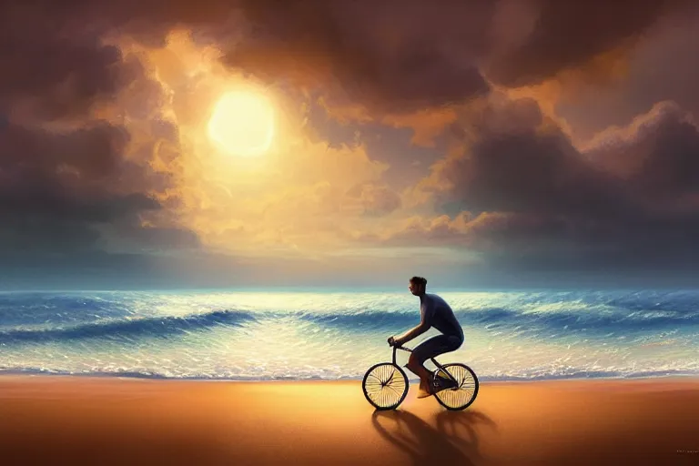 Image similar to photo of man riding a bicycle along the beach, glowing underwater toward a lighthouse in the distance, silhouette, wide horizon, large white clouds, intricate, elegant, highly detailed, digital painting, artstation, concept art, smooth, sharp focus, illustration, art by artgerm and greg rutkowski and fra angelico