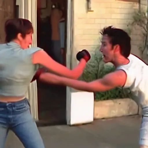 Prompt: 2 4 0 p footage, 2 0 0 6 youtube video, low quality photo, man and woman fistfighting each other