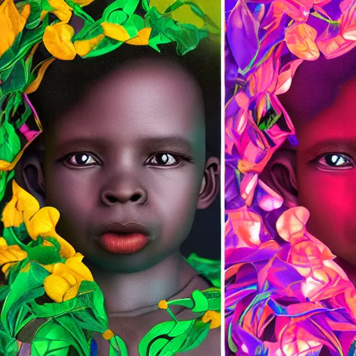 Image similar to colourful vfx art - portrait of crying nigerian boy wrapped in flowers & vines, art by hsiao - ron cheng & james jean, volumetric light, ray tracing, sharp, detailed, digital painting, illustration, highly detailed, intricate detail, unreal engine, octane render, pinterest, behance, art station,