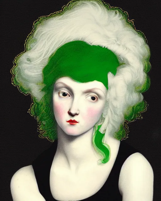 Prompt: photo-realistic portrait of a young pale woman with green hair, wearing a black t-shirt by Vivienne Westwood, intricate details, super-flat, in the style of James Jean, Jean Auguste Dominique Ingres, black background