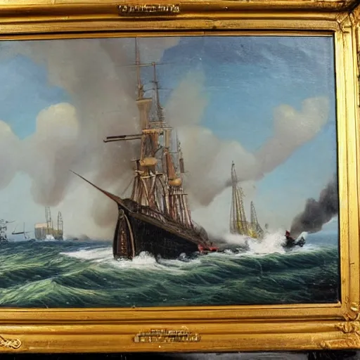 Image similar to 19th century oil painting of a german empire u-boot fighting the flying dutchman