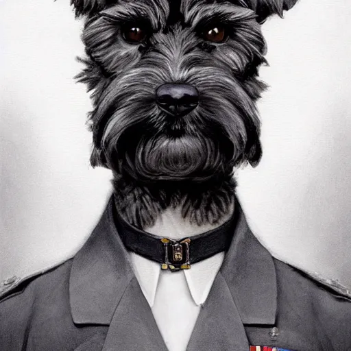 Image similar to portrait of stoic looking miniature schnauzer, military uniform, black fir, white eyebrows, fantasy, intricate, elegant, highly detailed, centered, dark, smokey, charcoal painting, digital painting, artstation, concept art, smooth, sharp focus, illustration, art by artgerm and greg rutkowski and alphonse mucha