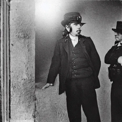 Image similar to Photograph of a man dressed as a London police inspector with a stern look. He is pointing his handgun towards a frightened young man with long hair against a stone wall. 4K, dramatic lighting