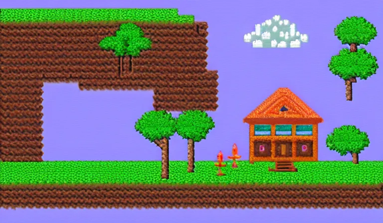 Prompt: a serene landscape with a singular building in the style of pixel art