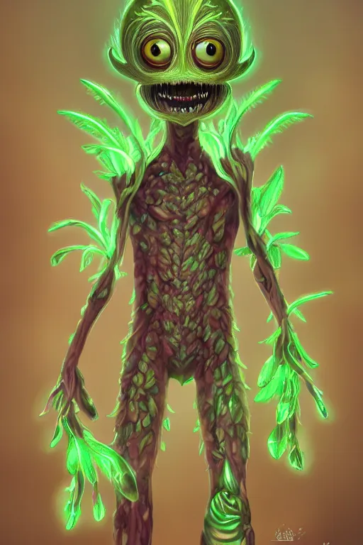 Prompt: a glowing humanoid figure plant monster with large eyes, smiling, highly detailed, digital art, sharp focus, trending on art station, plant, anime art style