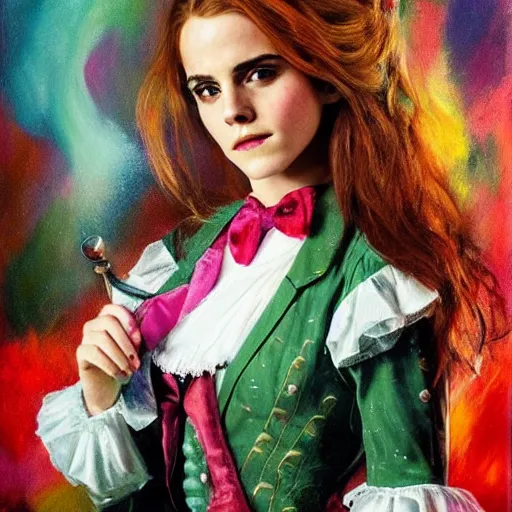 Image similar to beautiful emma watson cosplay as The Mad Hatter from Alice in wonderland, oil painting, full body.