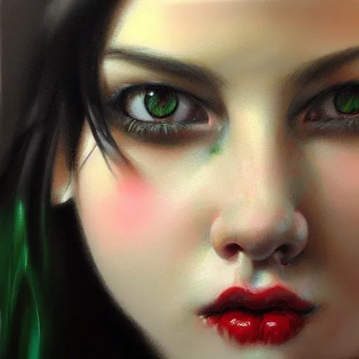 Prompt: a realistic illustration portrait of a beautiful cute girl with wavy black red hair, a pointy nose and, round chin black eyeliner, green pupills, trending on artstation, hyper - realistic lighting, intricate by casey baugh