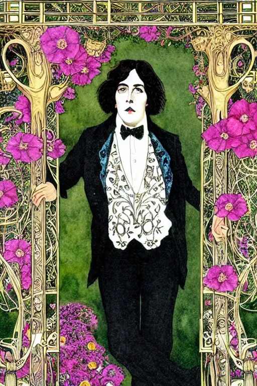 Prompt: realistic portrait of oscar wilde in the center of an ornate curtain frame with skulls and flowers, detailed art by kay nielsen and walter crane, illustration style, watercolor