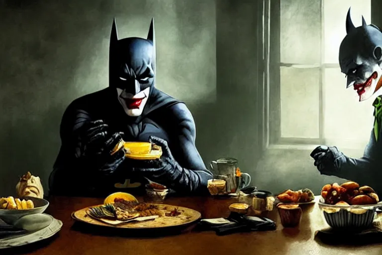 Prompt: morning light, highly detailed portrait of Batman eating breakfast, the head of the joker is placed on the table, atmospheric lighting, masterpiece, award winning painting by Emmanuel Lubezki
