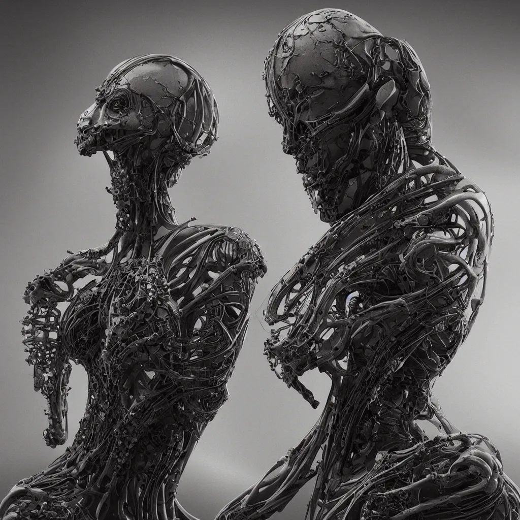 Image similar to a beautiful female is infected with a biomechanical suit, octane render, hyper realistic, art by hr giger and zdzisław beksinski, full profile, multiple angles