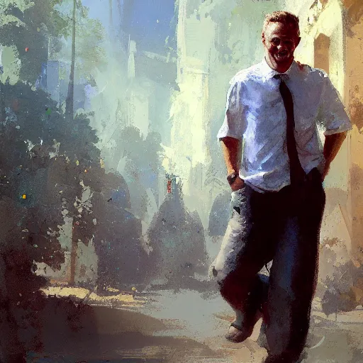 Prompt: a happy white man, painted by Craig Mullins