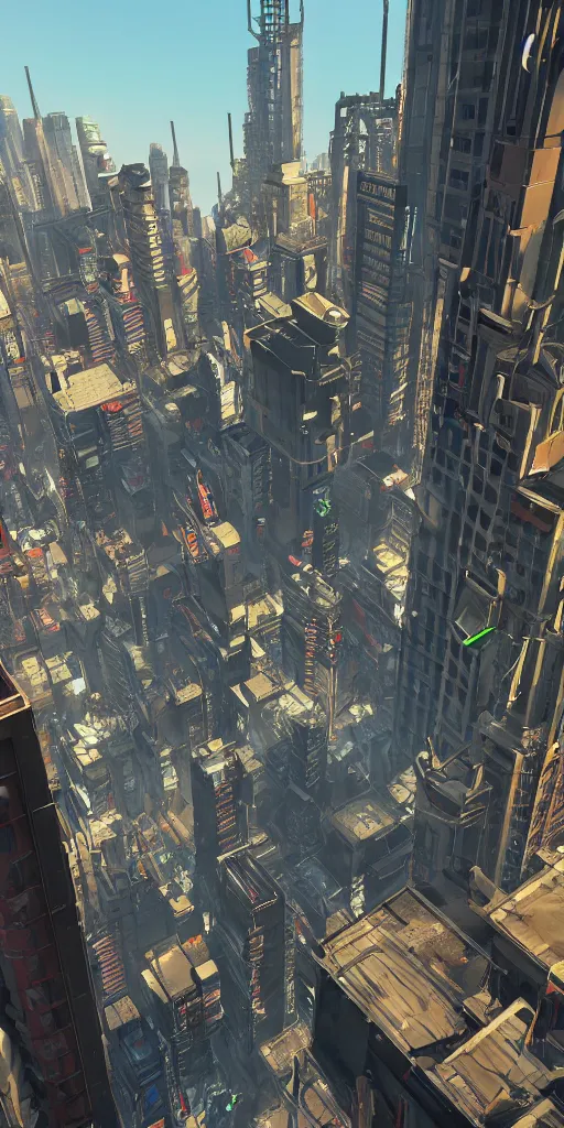 Image similar to view from a penthouse in a cyberpunk city drawn by jack kirby, 8 k, raytracing, unreal engine 5,