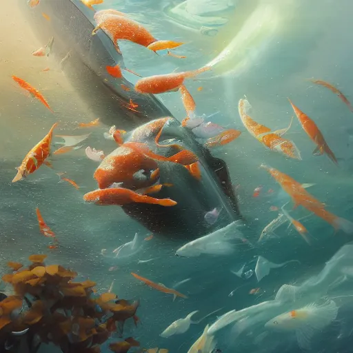 Image similar to subsurface scattering, white, giant submarine, koi colors, koi not included, octane render, jesper ejsing, justin gerard, james jean, tomasz alen kopera, cgsociety, fenghua zhong, makoto shinkai, highly detailed, rim light, art, cinematic lighting, very coherent, hyper realism, 8 k