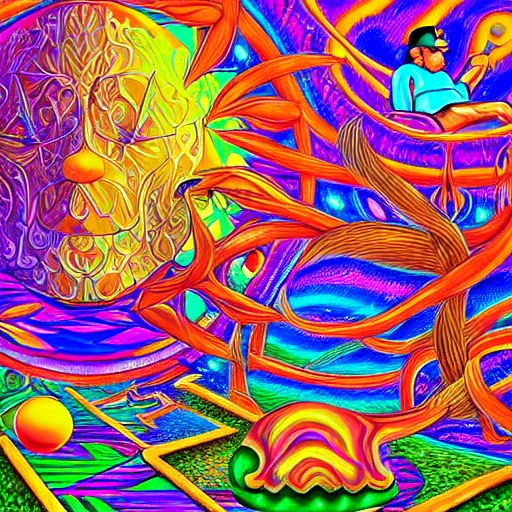 Prompt: painting of mario relaxing by alex grey, psychedelic, vibrant, digital art, acrylic,