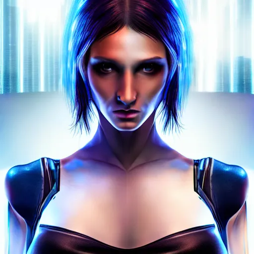 Image similar to realistic detailed portrait of Cyberpunk woman, portrait, Cyberpunk, Sci-Fi, science fantasy, glowing skin, full body, beautiful girl, extremely detailed, sharp focus, model