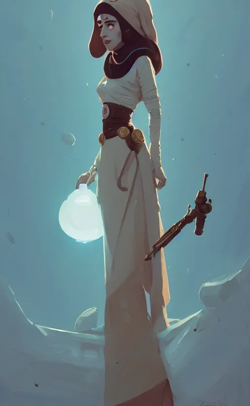 Image similar to female ottoman princess by atey ghailan, by greg rutkowski, by simon stalenhag, by greg tocchini, by james gilleard, by joe fenton, by kaethe butcher dynamic lighting, gradient light blue, brown, blonde cream and white color scheme, grunge aesthetic