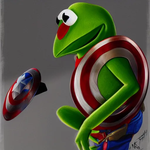 Image similar to Kermit the Frog is dressed up Captain America hyperdetailed, artstation, cgsociety, 8k