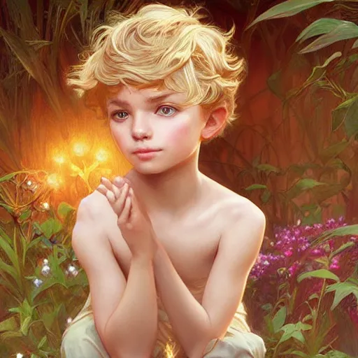 Prompt: young boy, light hair, gorgeous, son of peter pan, amazing, feminine, elegant, intricate, highly detailed, digital painting, artstation, concept art, sharp focus, illustration, art by artgerm and greg rutkowski and alphonse mucha