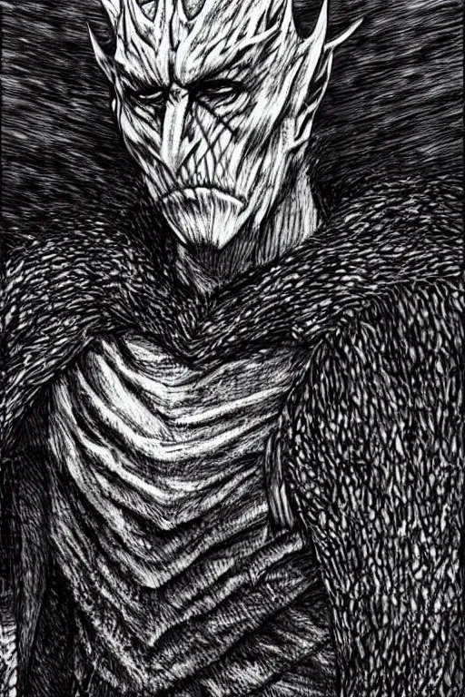 Image similar to The night king , game of thrones character by Kentaro Miura , textured, dark, manga, high contrast