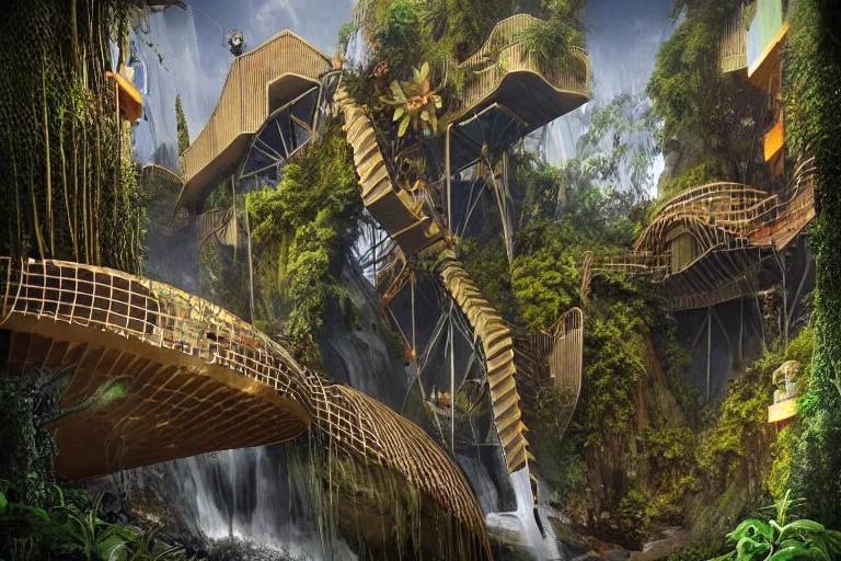 Image similar to favela bunker cathedral coaster hive, art nouveau waterfall environment, industrial factory, terrifying, award winning art, epic dreamlike fantasy landscape, ultra realistic,