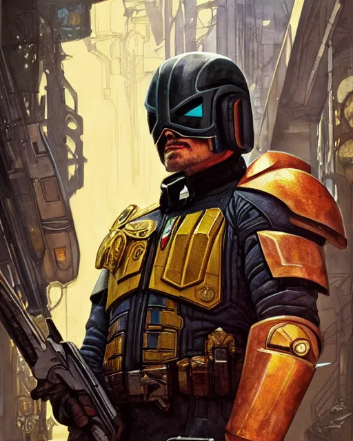 Image similar to karl urban as judge dredd, shooting criminals, highly detailed, gold filigree, romantic storybook fantasy, soft cinematic lighting, award, disney concept art watercolor illustration by mandy jurgens and alphonse mucha and alena aenami, pastel color palette, featured on artstation