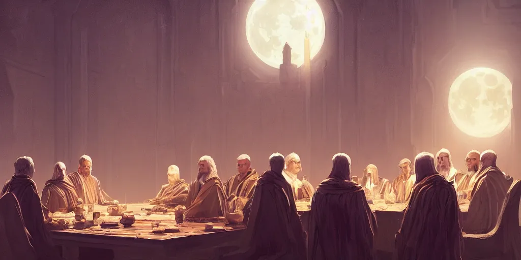 Image similar to A meeting of the council of elders, robed figures sat around a table, beautiful architecture, night time, stars visible, beautiful moon light, concept art, fantasy art, painted by Greg Rutkowski, trending on artstation