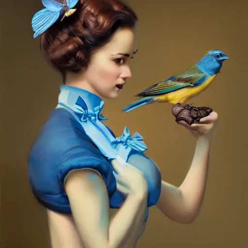 Prompt: hyper realistic painting, tasteful pinup girl holding an indigo bunting, bird, the bird is wearing a bowtie, by greg rutkowski, highly detailed, digital illustration, rossdraws, gil elvgren, enoch bolles, anime, porcelain skin, very coherent