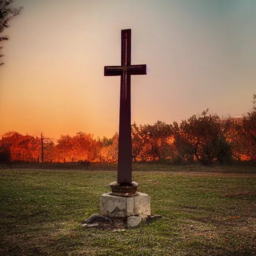 Prompt: millennium cross at sunset in skopje, glowing cross with a halo, twilight and nighttime composition, photograph, atmospheric, perfect lighting, highly detailed